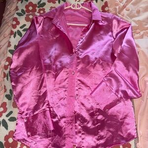 Vibrant Pink Satin button-up Blouse Size M